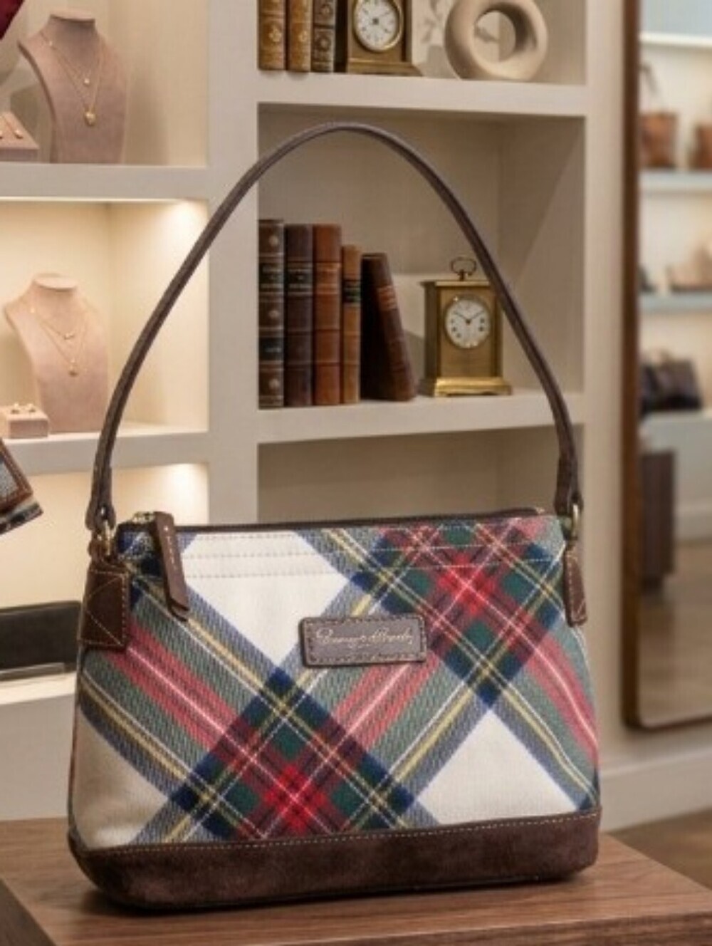 Dooney & Bourke Red Green Plaid Wristlet with Brown Trim - Picture 2 of 2